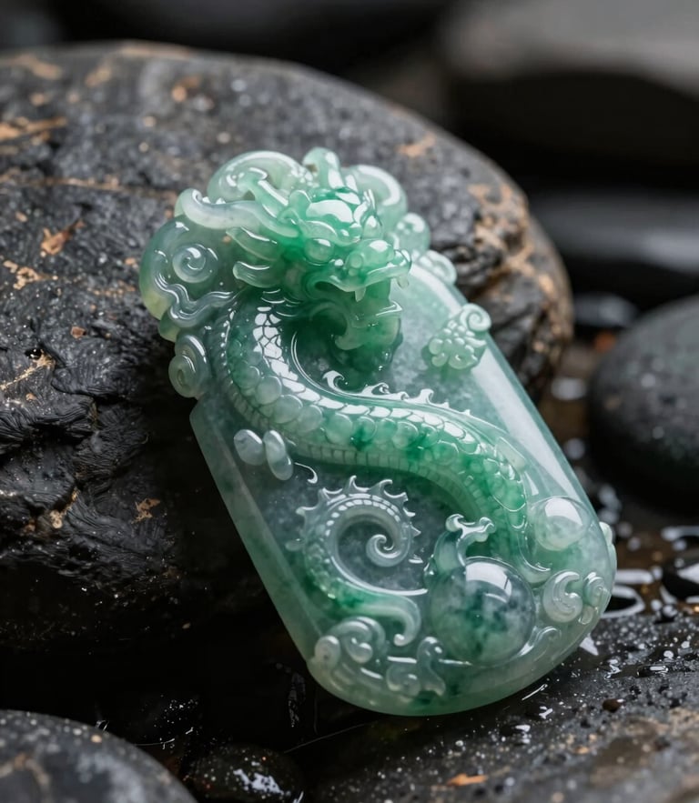 Cinematic macro close-up of a hand-carved imperial green jade dragon pendant resting on dark wet river stones, soft directional sunlight piercing the stone to show its translucency, 8k resolution, luxury jewelry photography style.