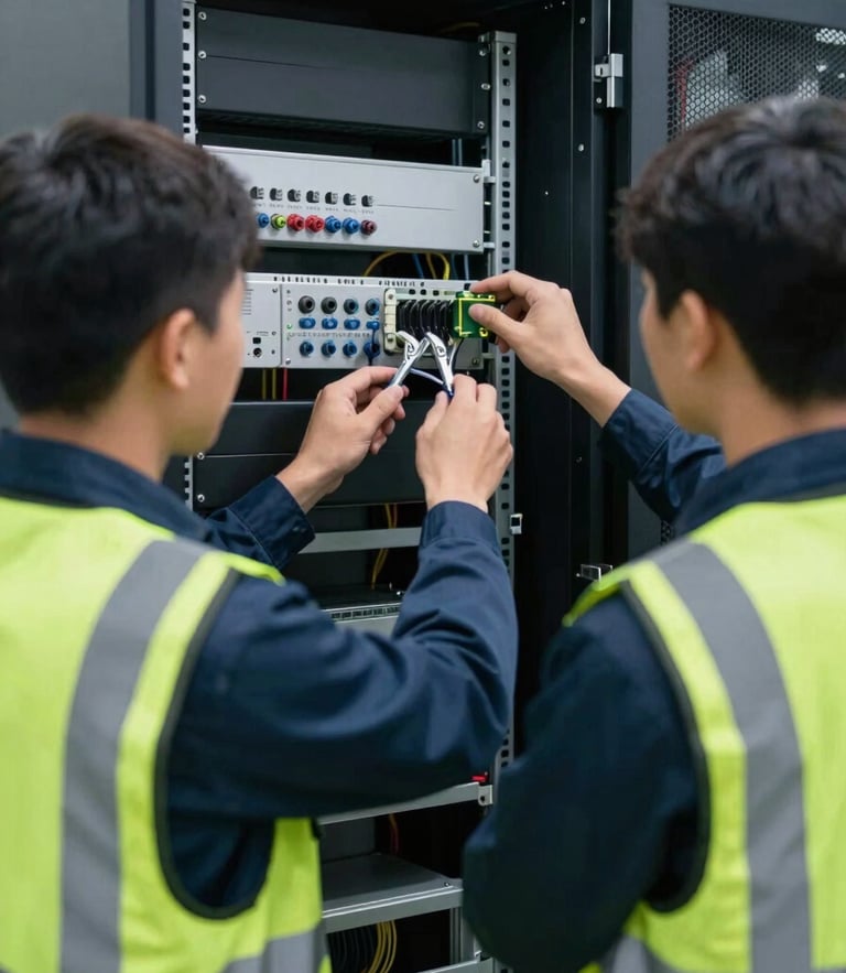 A close-up of a field systems engineer in a high-visibility safety vest calibrating server rack connections inside an industrial facility, sharp technical focus, cool slate tones