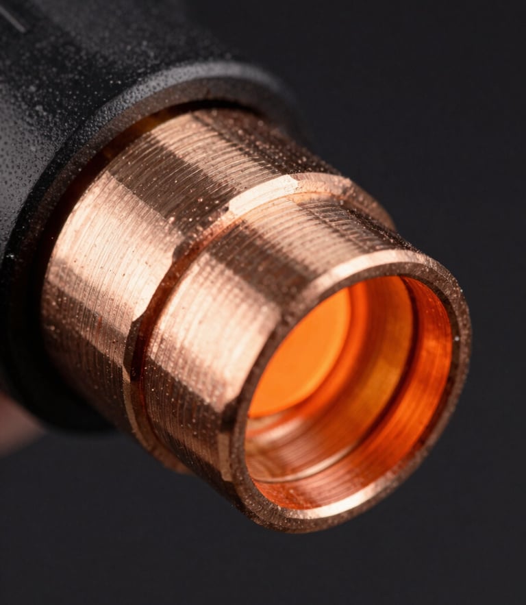 Macro shot of heavy-duty copper EV charger connector pins, high-contrast industrial studio lighting with sharp safety-orange highlights, 50mm lens