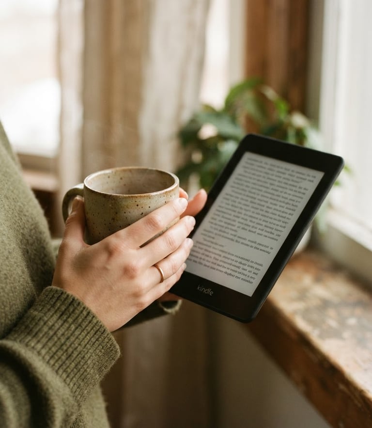 Close-up of hands holding a warm ceramic mug next to an e-reader displaying clean text, soft morning window light, muted earth tones, shallow depth of field, 35mm film texture.