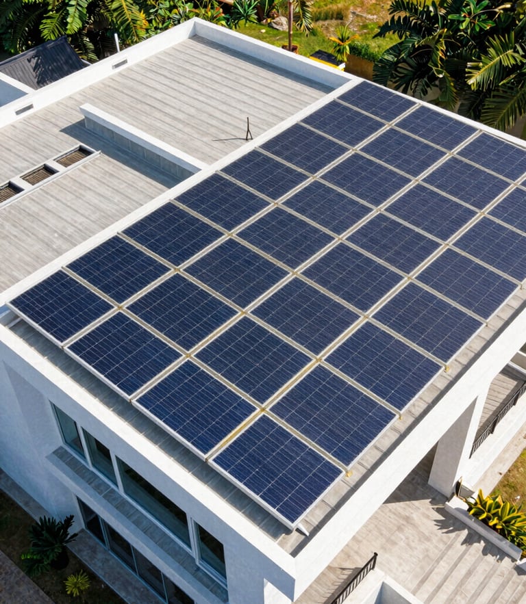 A high-angle architectural photograph of a modern Hyderabad villa roof with perfectly aligned tier-1 solar panels under bright Indian noon sunlight.
