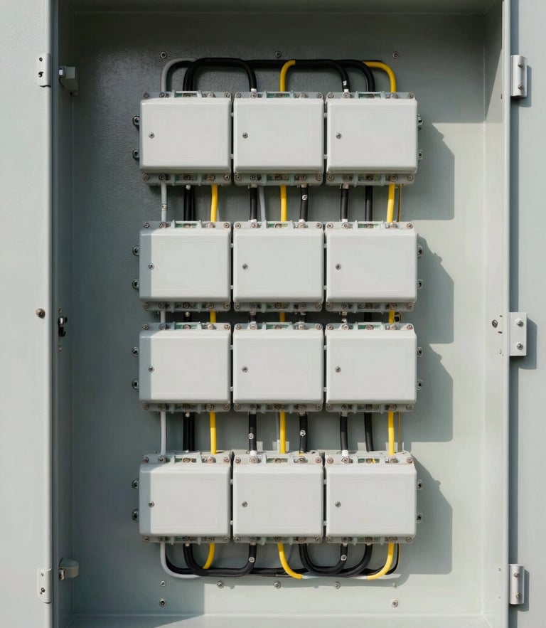 Symmetrical industrial electrical panel with clean, perfectly routed wiring, bright daylight, high-contrast technical details, 50mm lens