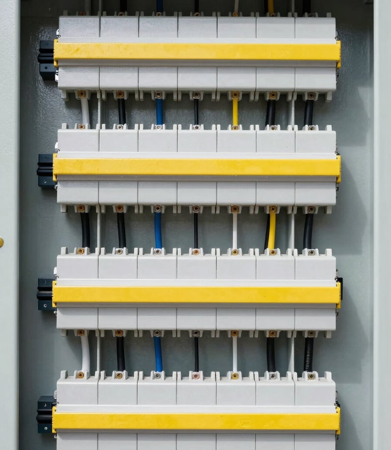 Close-up of a perfectly organized electrical control panel, clean symmetrical wiring, bright technical lighting, high contrast slate and yellow accents, 50mm lens