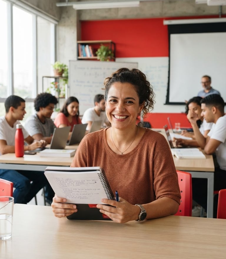 A friendly Brazilian adult student in their 30s smiling, holding a notebook in a brightly lit modern classroom, natural daylight, red accents