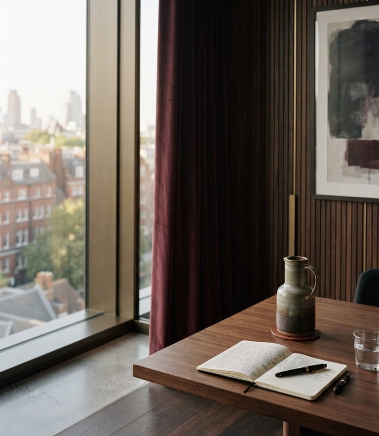 Warm editorial photography of architectural details of a modern legal meeting room with soft window light and deep wine tones