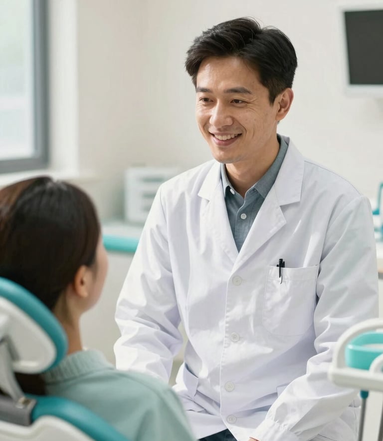 Bright editorial photography of a warm, sunlit dental consultation room in Guwahati, soft teal accents, a friendly dentist speaking reassuringly to a patient, shallow depth of field.