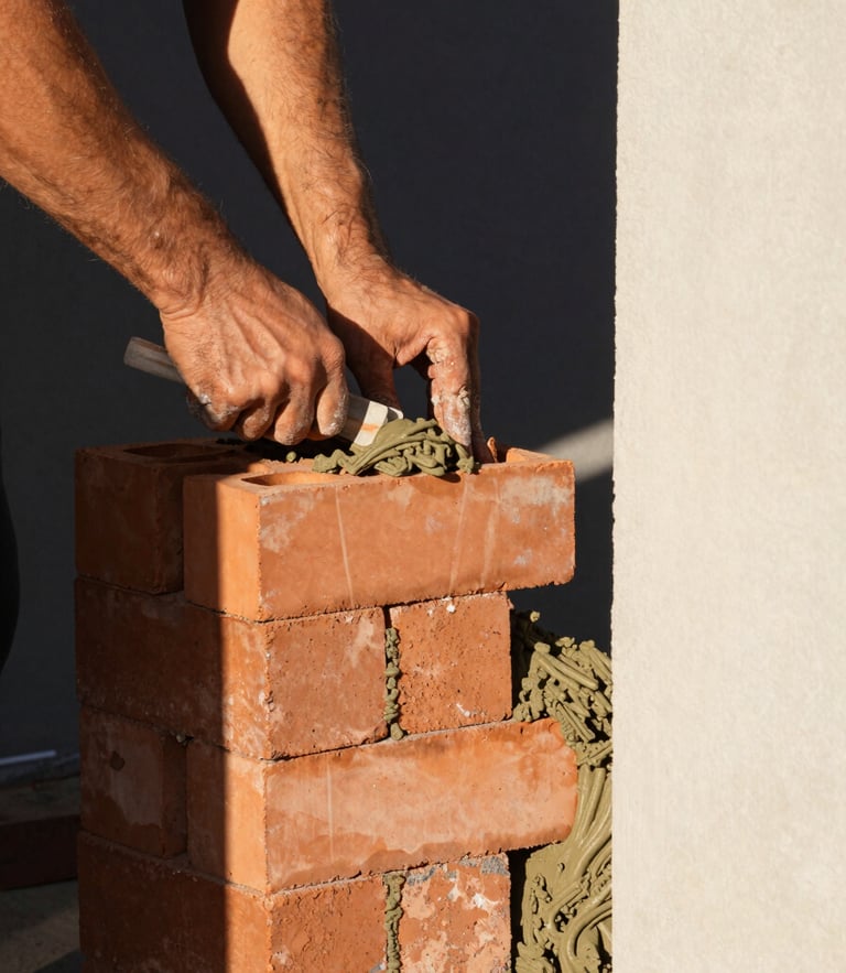 Tight graphic close-up of structural terracotta bricks and wet mortar being laid by a mason under natural high-contrast sunlight, sharp architectural framing, 35mm