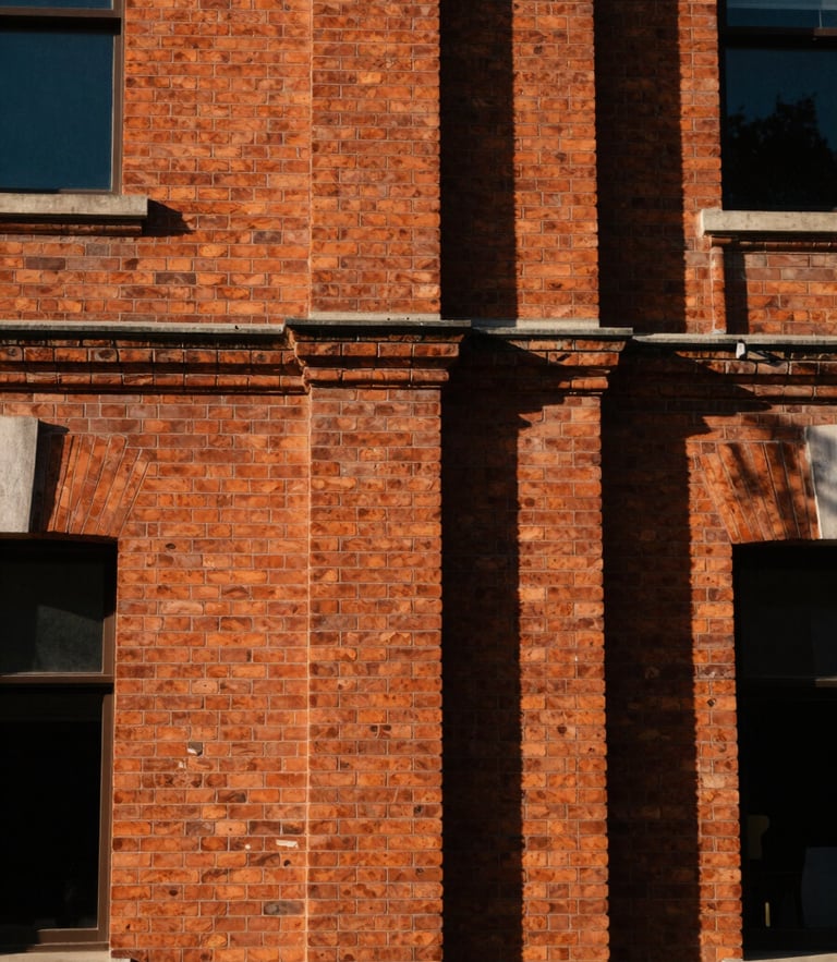 A close-up of a historic red brick facade with sharp architectural shadows under high-contrast natural sunlight, 35mm warm editorial photography