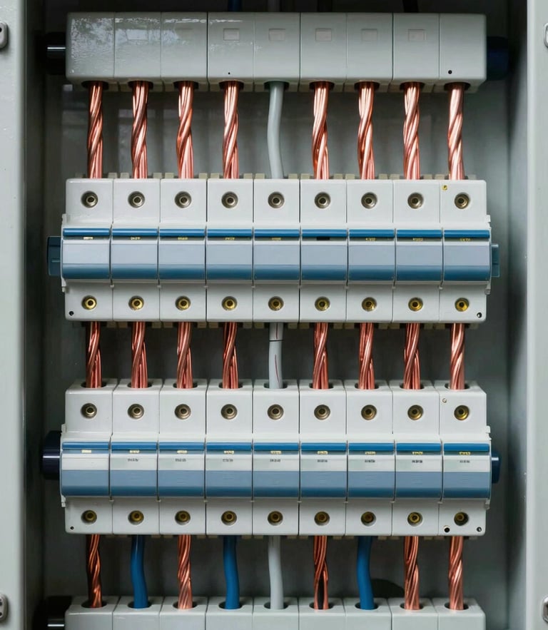 Symmetrical straight-on macro shot of a perfectly organized residential breaker panel, parallel copper wires neatly dressed and clipped in perfect rows, clean industrial lighting, high contrast.