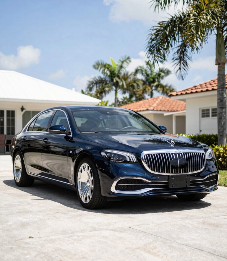 A premium luxury sedan parked in a sunlit Cape Coral driveway, bright coastal daylight, deep navy tones, crisp focus, 35mm lens