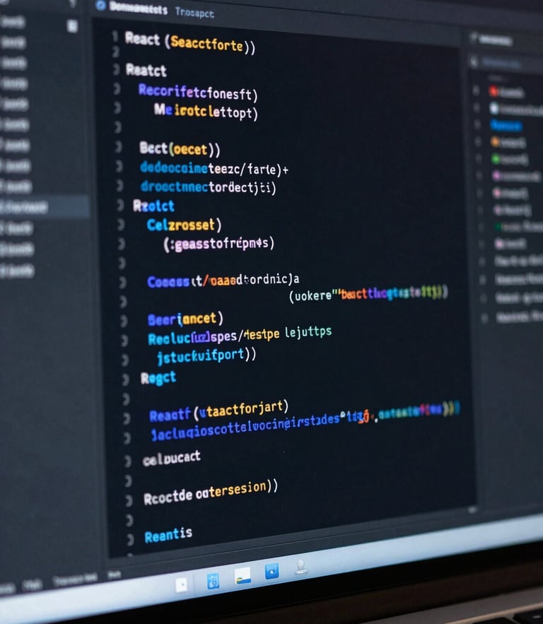 A high-contrast dark mode code editor showing structured React and TypeScript components, clean indentation, subtle blue and indigo syntax highlighting, shallow depth of field, professional developer setup.