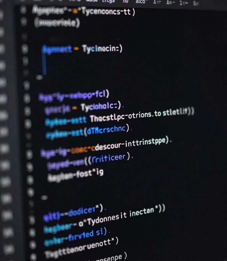High-contrast dark mode IDE displaying clean, documented TypeScript code with subtle blue and indigo syntax highlighting, shallow depth of field.
