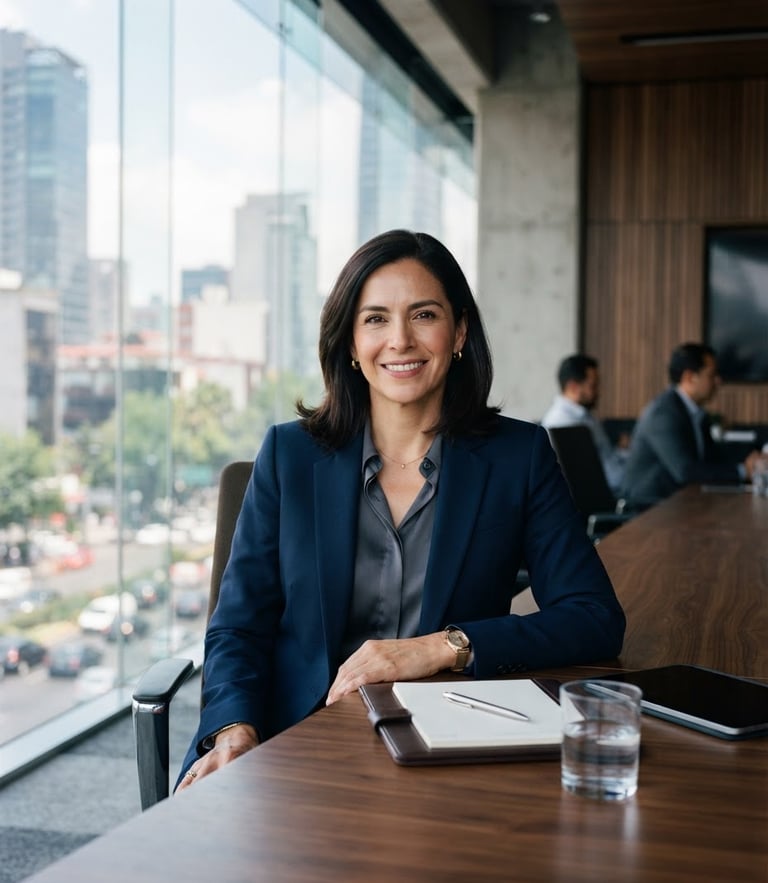 Portrait of a confident Mexican female executive in a modern glass boardroom, crisp architectural light, deep navy and cool gray tones, sharp focus, 35mm