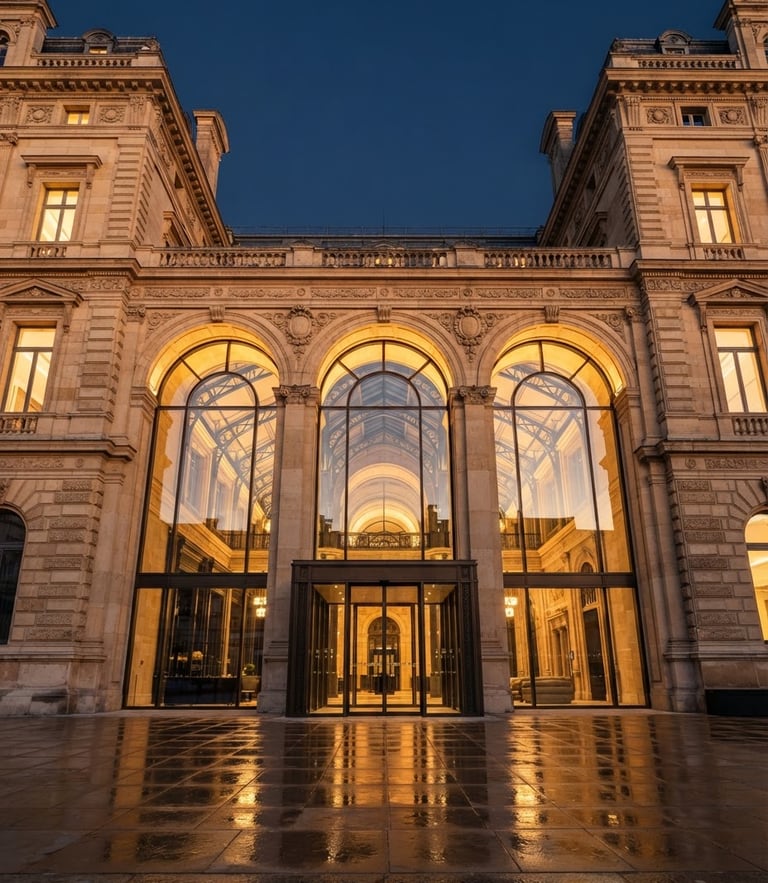 Symmetrical low-angle shot of a classic European limestone facade with modern glass arches, golden hour light reflecting, clean lines, editorial architectural photography