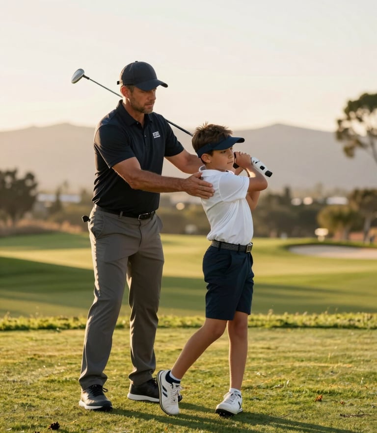 Medium action shot of a golf coach gently guiding a teenager's swing on a green, warm golden hour light, Azusa foothills visible in the background.