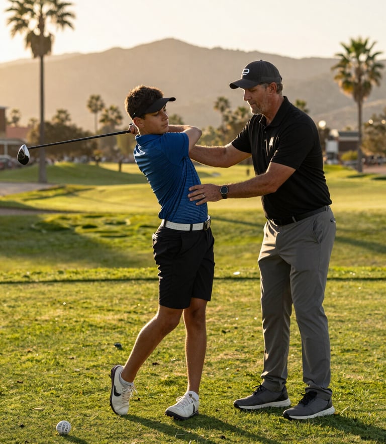Medium shot of a diverse young golfer receiving gentle swing guidance from a coach, warm California golden hour sunlight filtering through, green fairway and Azusa foothills soft in the background.