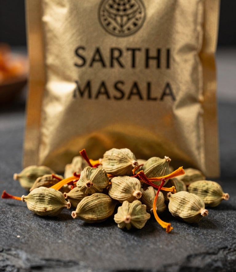 Dramatic side-lit macro of raw cardamom pods and saffron threads spilling onto a dark stone surface, with a premium gold-embossed SARTHI MASALA pouch standing elegantly in the background.