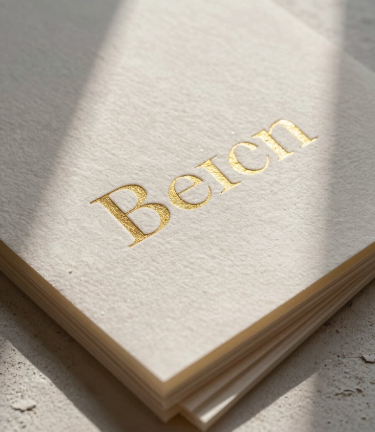 Extreme close-up of textured handmade paper sheets stacked delicately on a plaster surface, soft morning shadows casting long lines, elegant serif typography debossed in gold foil, warm cream and blush tones.