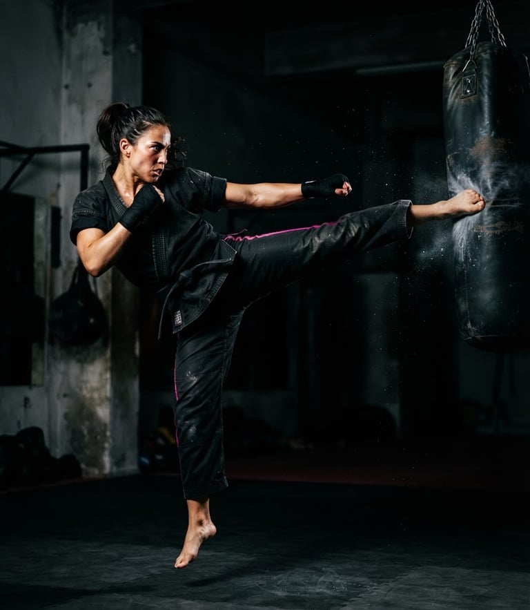 Dynamic athletic action shot of a martial artist mid-kick, high-contrast dramatic key lighting, deep shadows, electric fuchsia accents, 35mm