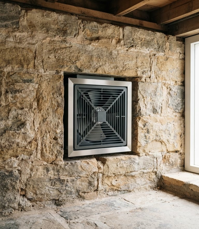 Sleek modern underfloor extraction fan installed neatly in a clean heritage sandstone foundation, bright daylight, sharp commercial photography