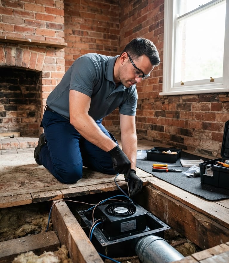 A sharp commercial photograph of a clean, professional technician installing an underfloor extraction fan in a heritage brick home, bright natural daylight, 35mm lens.