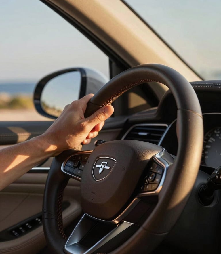 A close-up photograph of a driver's hand on the steering wheel of a luxury vehicle, warm Mediterranean sunlight streaming through the windshield, highlighting the premium leather stitching.