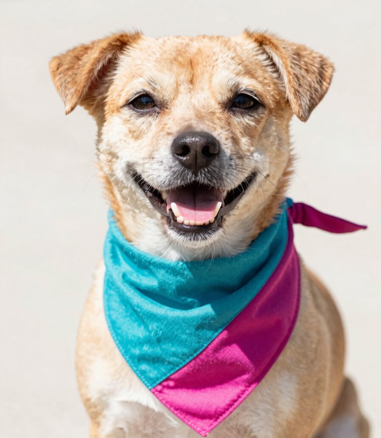 Close-up of a happy small dog wearing a colorful teal and magenta artisanal bandana, bright natural daylight, eye-level portrait