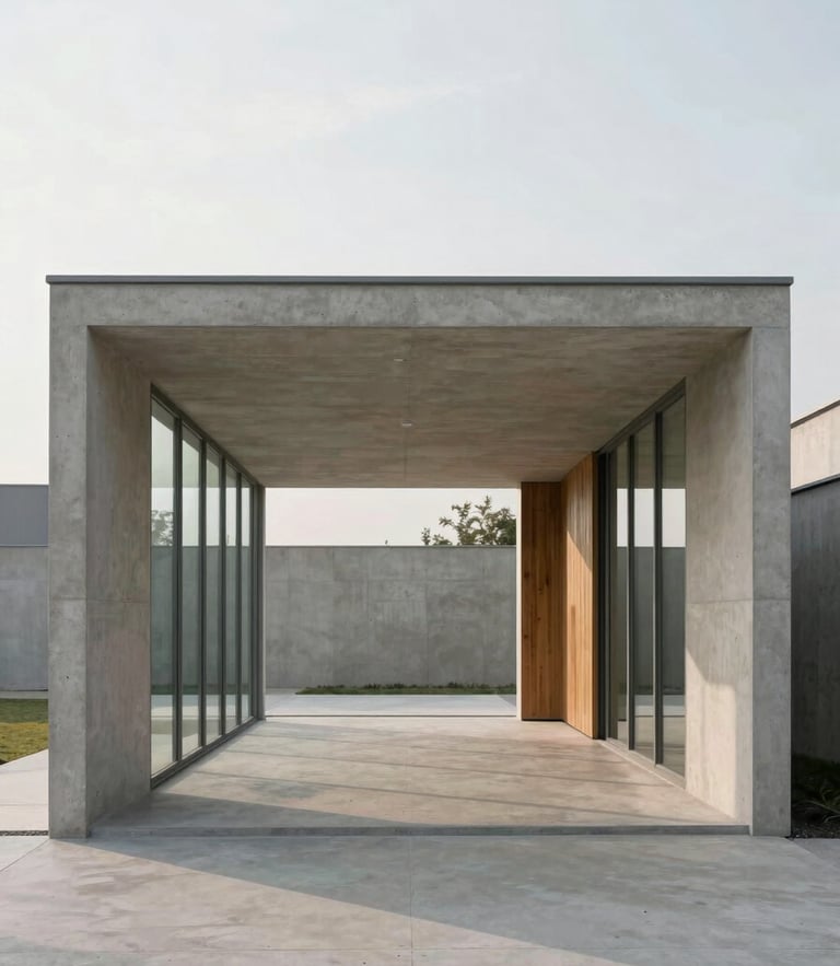 Straight-on symmetrical architectural photography of a minimalist concrete and glass pavilion, soft overcast daylight, casting long clean shadows, 35mm lens
