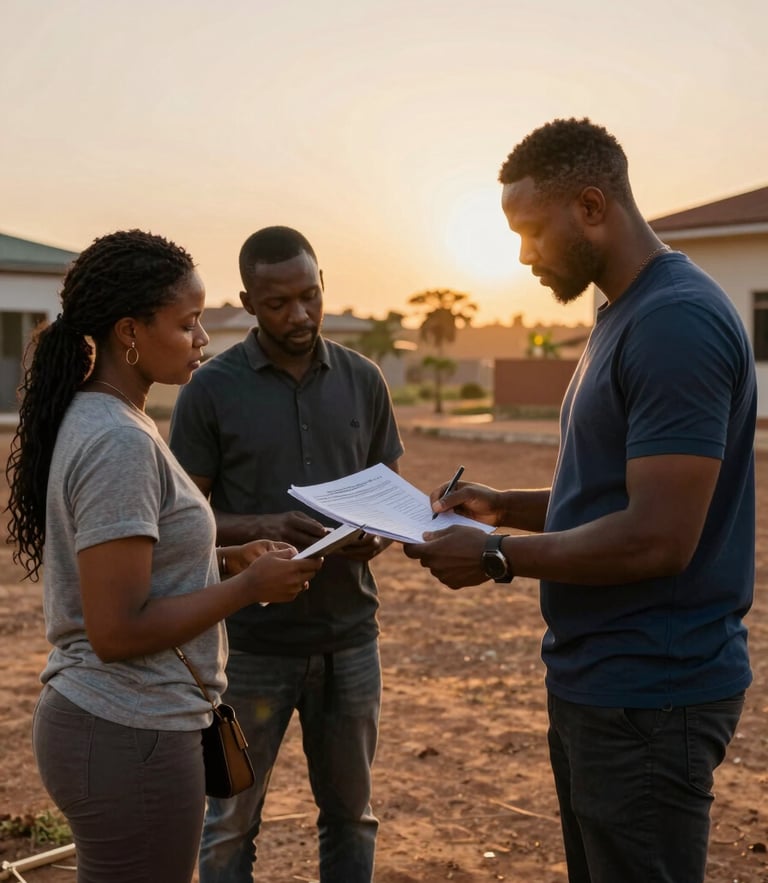 A professional site inspection in Abuja during golden hour, a client and advisor reviewing land boundary documents, warm sunlight, 35mm lens