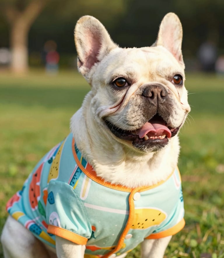 Bright lifestyle photo of a happy French Bulldog wearing a colorful summer shirt, sitting outdoors in a sunny park, close-up shot, 35mm lens