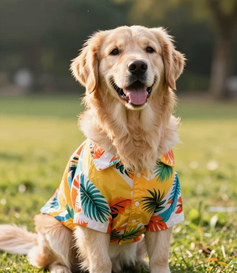 Bright lifestyle pet photography of a happy golden retriever wearing a colorful tropical shirt, sitting in a sunny park, natural golden-hour daylight, shallow depth of field, 35mm lens
