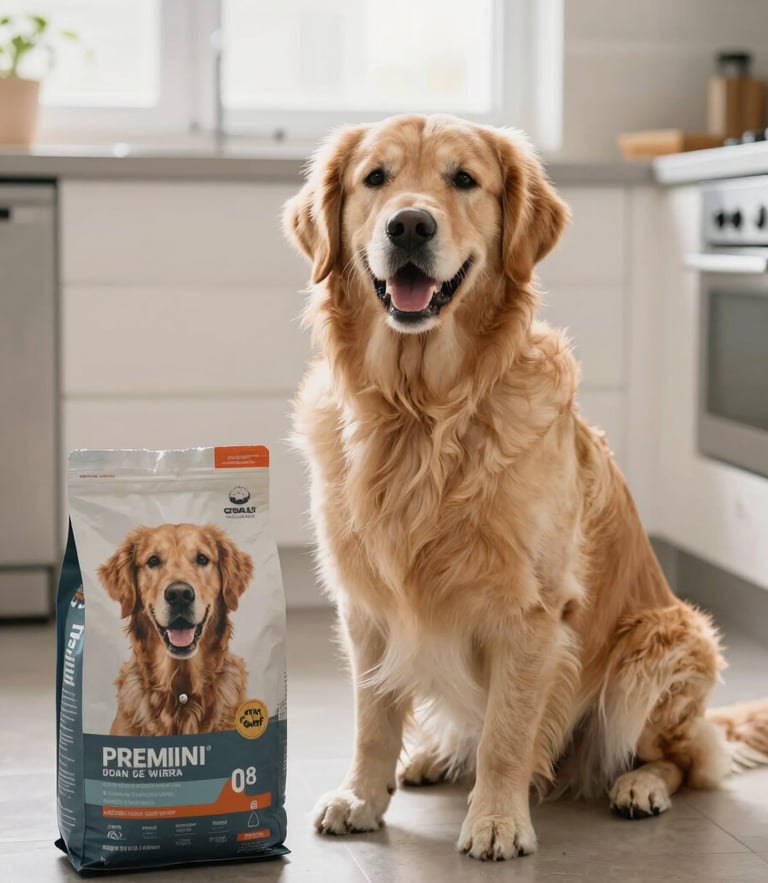 A happy golden retriever sitting next to a bag of premium dog food on a clean kitchen floor, soft morning light, warm editorial photography