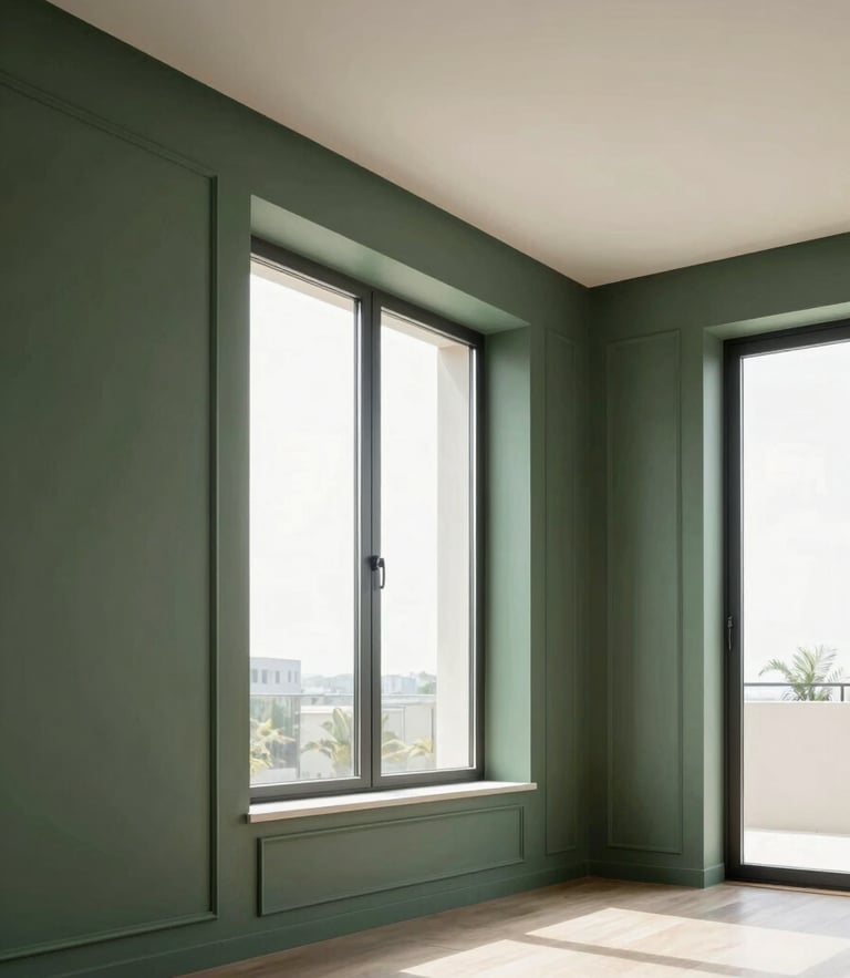 Professional architectural photography of a modern luxury apartment interior, freshly painted walls with crisp trim, natural daylight flooding through a large window, elegant minimalist design.