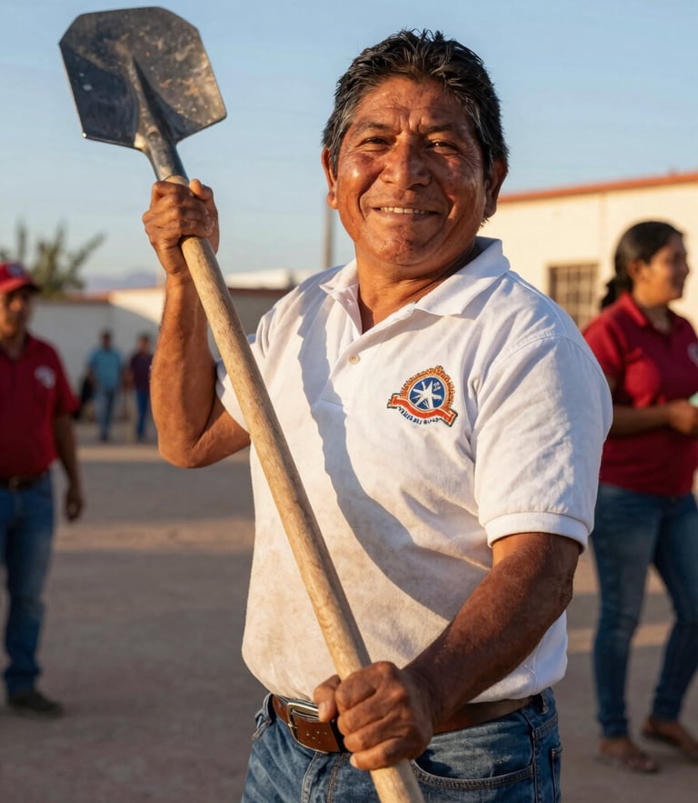 Close-up of a smiling Mexican volunteer holding a shovel, warm golden hour sunlight, authentic community action in Mexicali