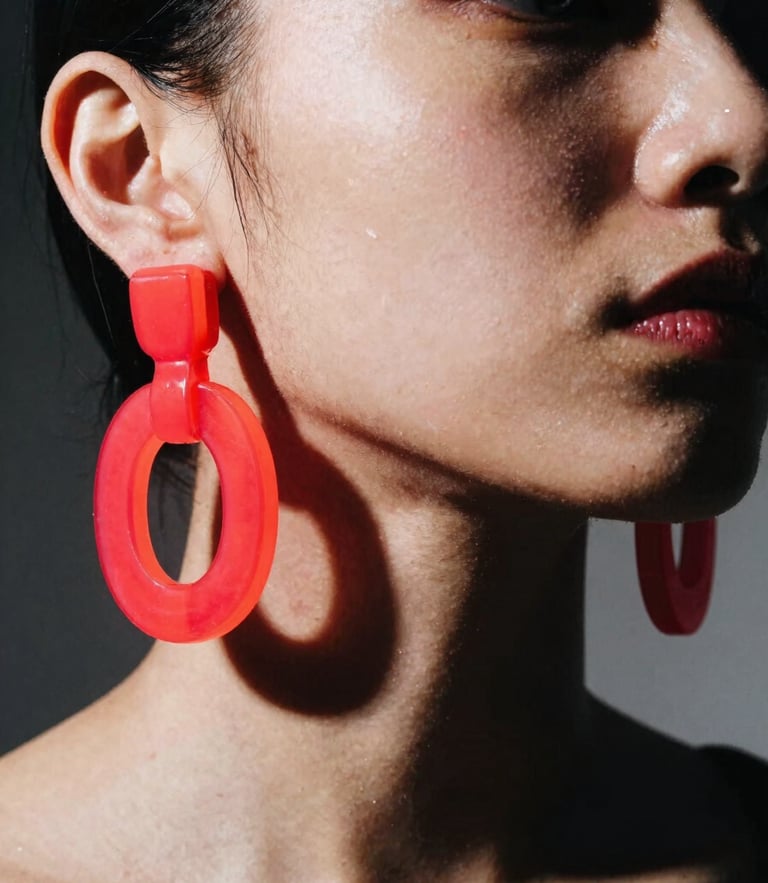 Extreme close-up of a model wearing massive neon-red acrylic earrings, high-contrast studio strobe lighting, sharp black shadows, avant-garde fashion zine style.