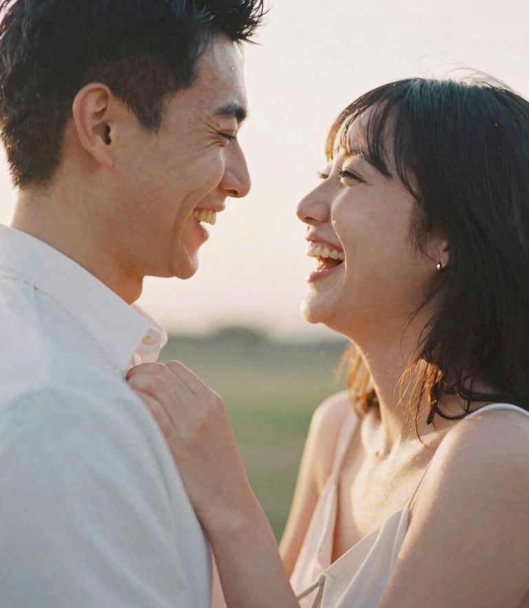 Warm editorial photography of a couple sharing a candid laugh during golden hour, soft focus, luminous pastel tones, shallow depth of field, 35mm film style.