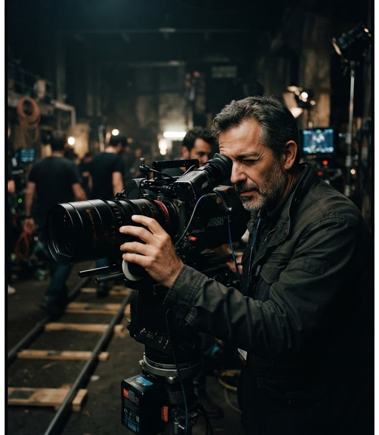 Cinematic film photography of director Miguel G. Bernal on set, looking through an anamorphic lens, high contrast, muted color palette, editorial style.