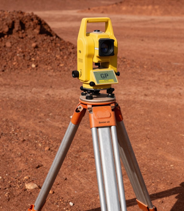 A yellow GPS-guided surveying transit mounted on a heavy metal tripod, set against raw graded red dirt under harsh high-noon sunlight.