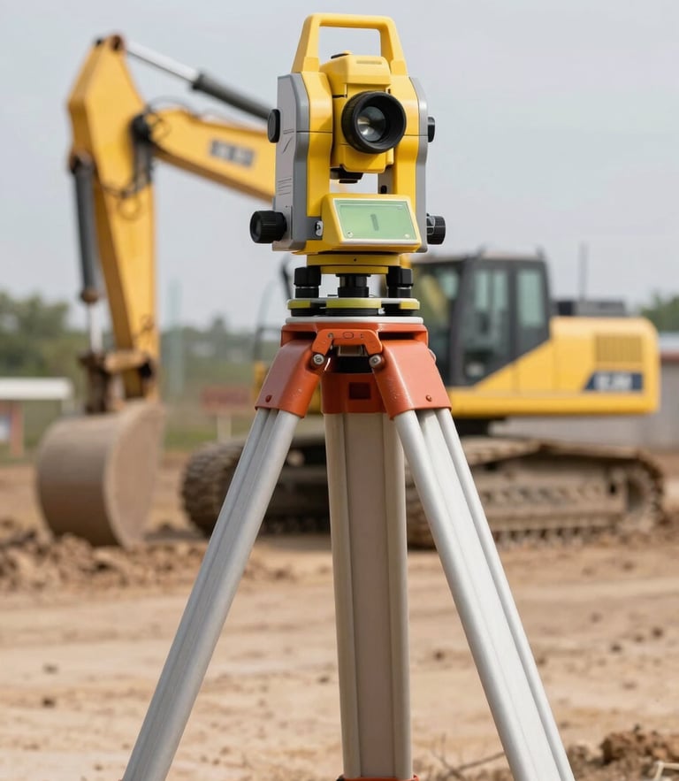 High-noon wide shot of a modern surveying transit on a heavy tripod, yellow and steel construction equipment blurred in the background, dry earth topography.