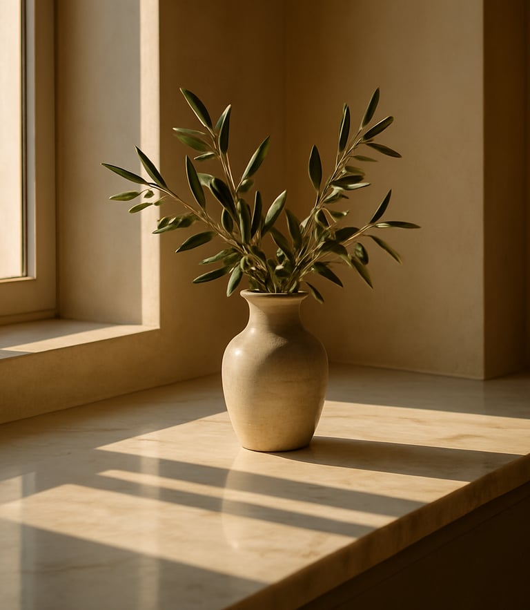 A close-up of a sunlit kitchen counter with a ceramic vase holding olive branches, soft morning light streaming across clean marble, warm sand tones, architectural framing.