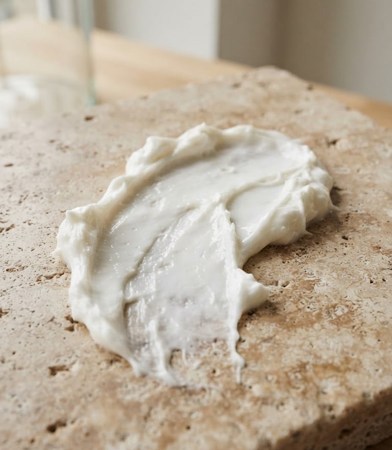Macro texture shot of a thick, luxurious white cosmetic cream swatch on a warm travertine surface, soft natural daylight, minimalist laboratory setting.