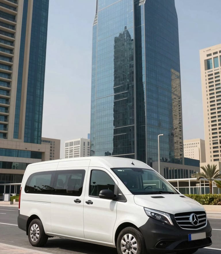 Wide environmental shot of a spotless branded modern moving van parked outside a sleek high-rise tower in Jumeirah Village Triangle, bright desert daylight reflecting off glass facades.