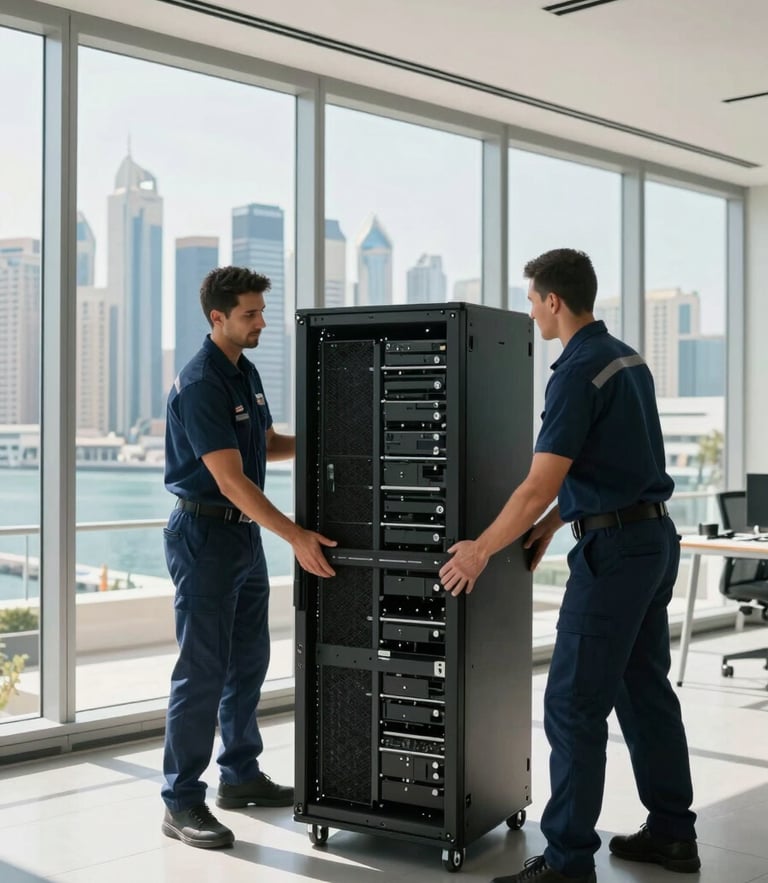 Wide-angle shot of professional movers in clean navy uniforms carefully wrapping a server rack inside a modern Dubai office, bright daylight through floor-to-ceiling windows showing the Dubai Marina skyline.