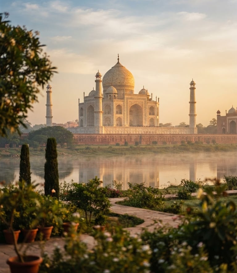 Warm golden hour light hitting the intricate marble carvings of the Taj Mahal, viewed from a private garden across the Yamuna river, atmospheric morning mist, 35mm film look.