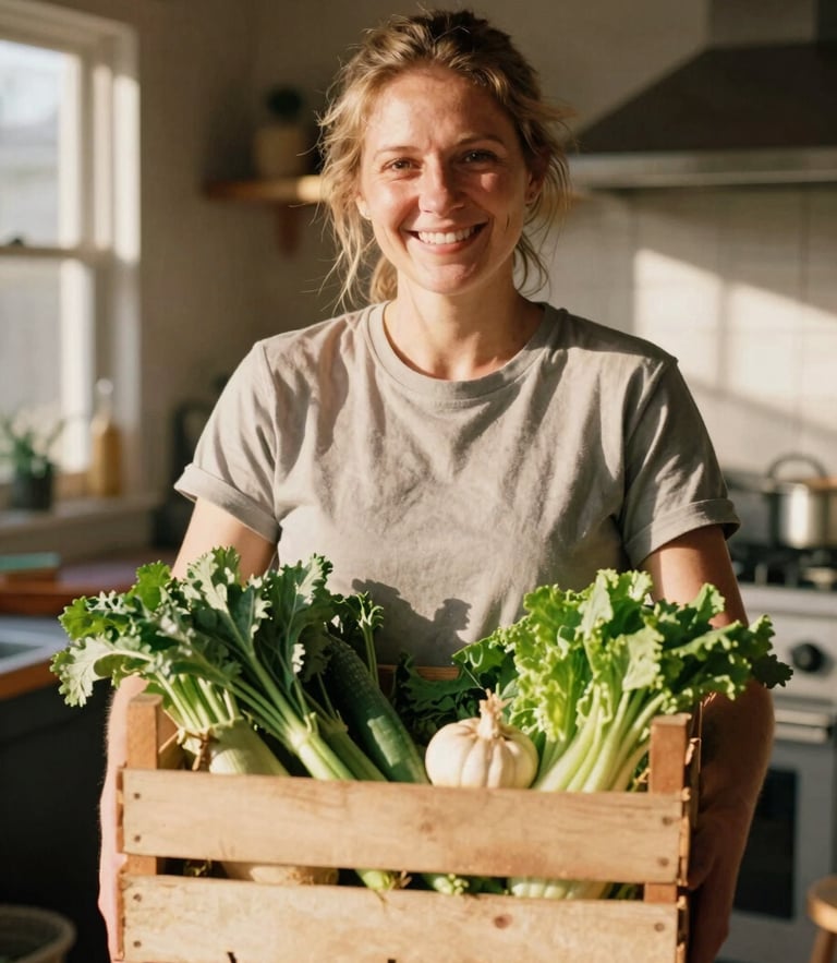 Warm editorial portrait of a smiling Georgia community volunteer in a sunlit kitchen, holding a wooden crate of fresh green vegetables, natural golden-hour daylight, authentic human connection, 35mm film look.