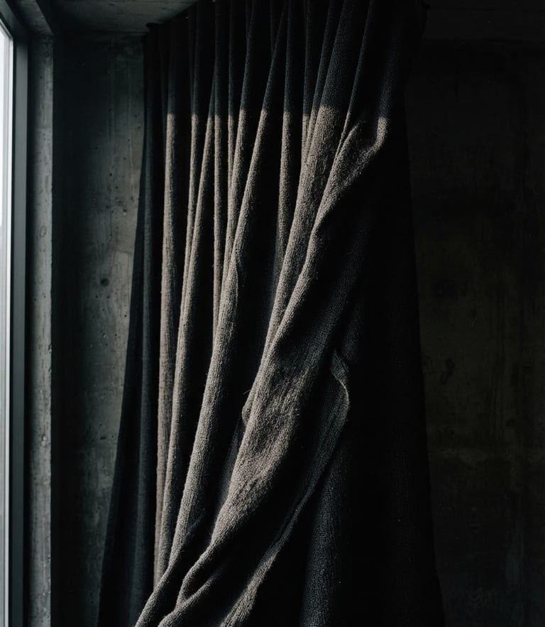 Dark moody editorial photography of a heavy-gauge textile drape inside a minimalist concrete interior, dramatic side-lighting, deep obsidian tones
