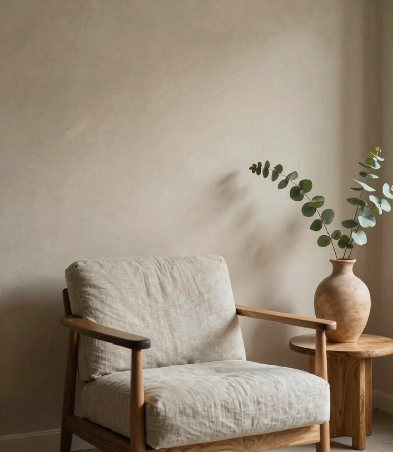 A minimalist therapy room interior with warm oak accents, a single linen armchair in soft focus, eucalyptus leaves in a clay vase, soft diffused north-facing daylight casting gentle shadows on a textured warm plaster wall.