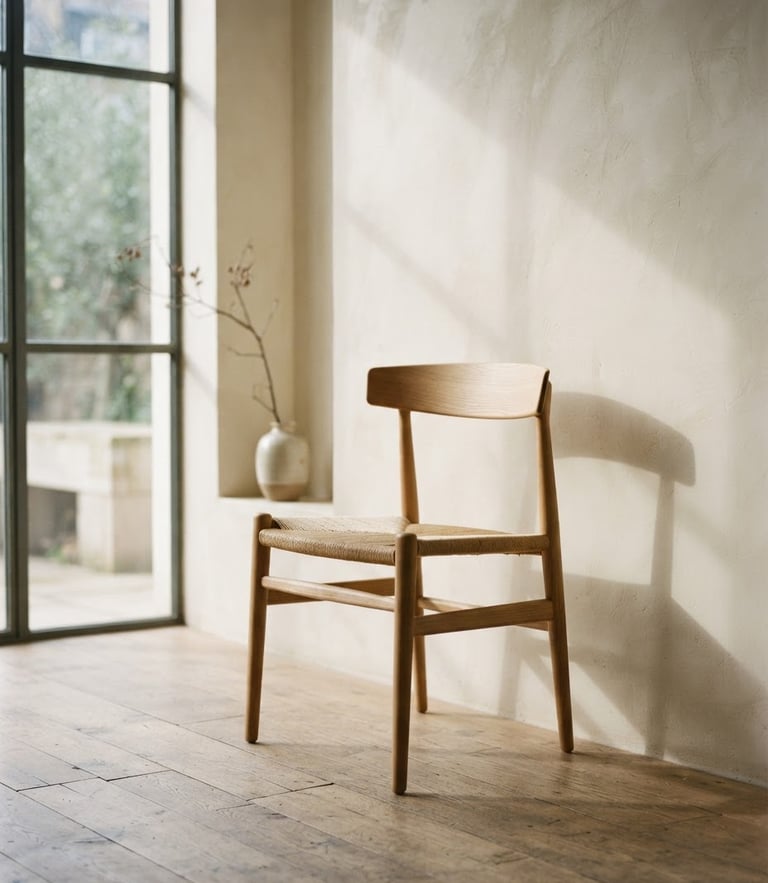 A beautifully designed minimalist timber chair sitting in soft natural window light, cast shadows on a warm cream plaster wall, architectural editorial photography, 35mm