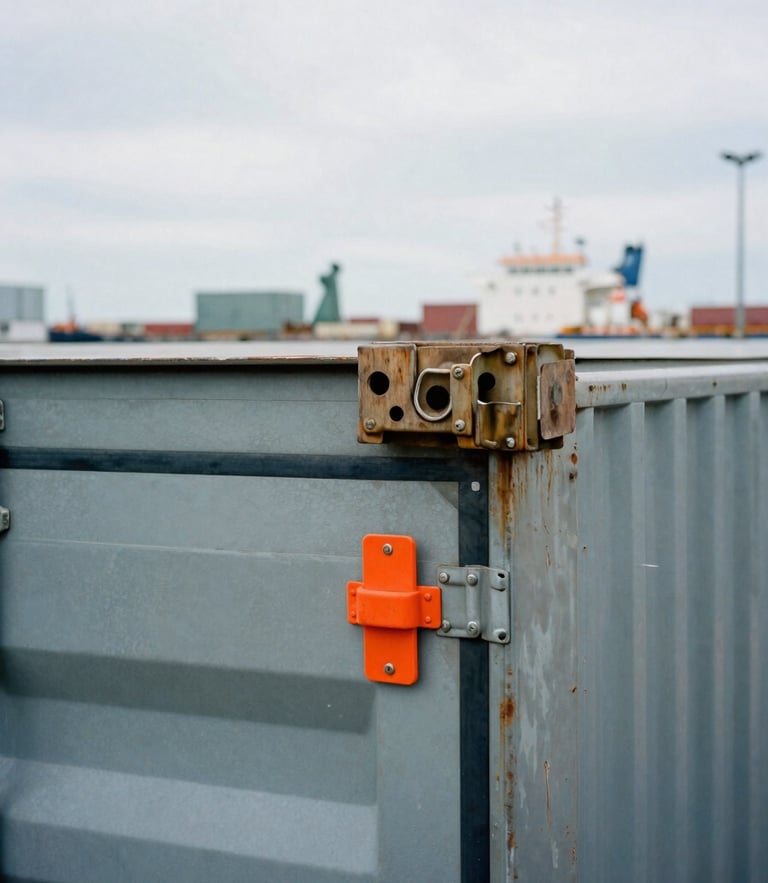 Close-up of a heavy steel shipping container latch with a bright orange security seal, overcast harbor daylight, cargo vessels blurred in the background.