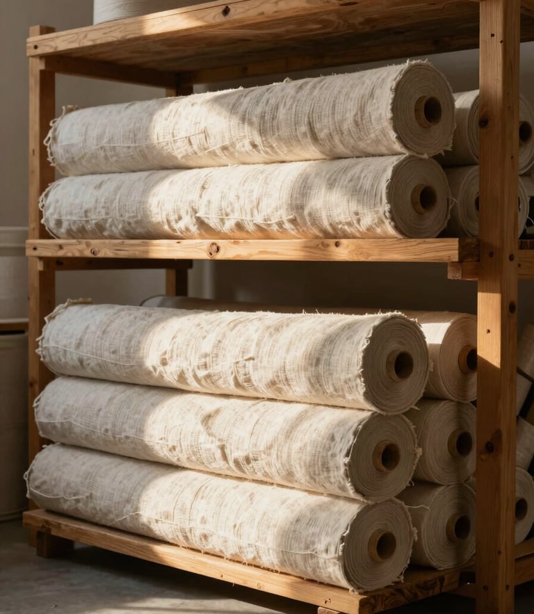 Wide shot of raw organic linen fabric rolls stacked in a sunlit Saint George studio, warm golden hour shadows, rustic wooden shelves